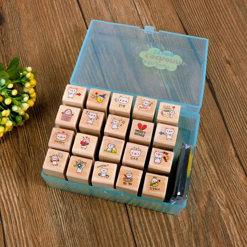 Kawaii Litlle Cat Pig Wood Stamp with Ink Pad Set b1