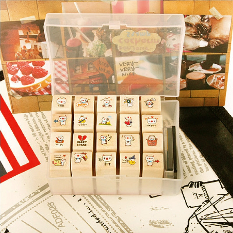 Kawaii Litlle Cat Pig Wood Stamp with Ink Pad Set b2