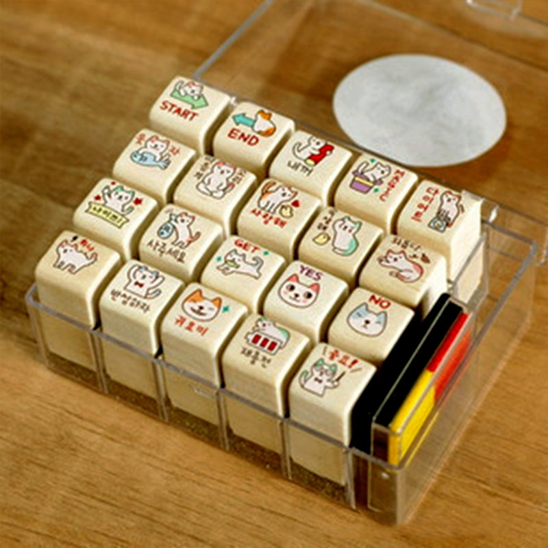 Kawaii Litlle Cat Pig Wood Stamp with Ink Pad Set b3