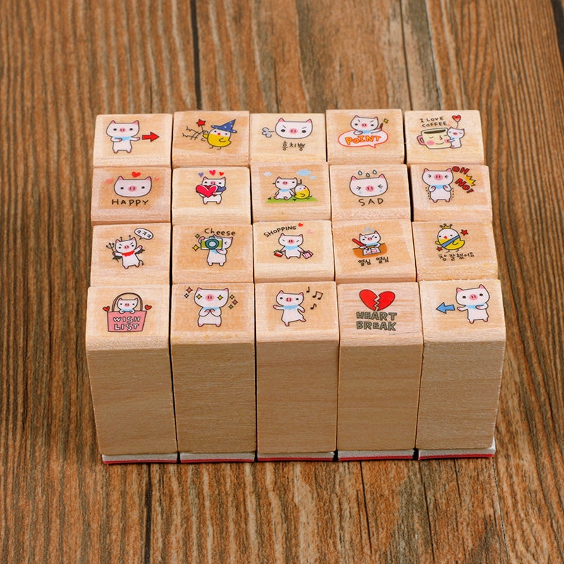 Kawaii Litlle Cat Pig Wood Stamp with Ink Pad Set b4