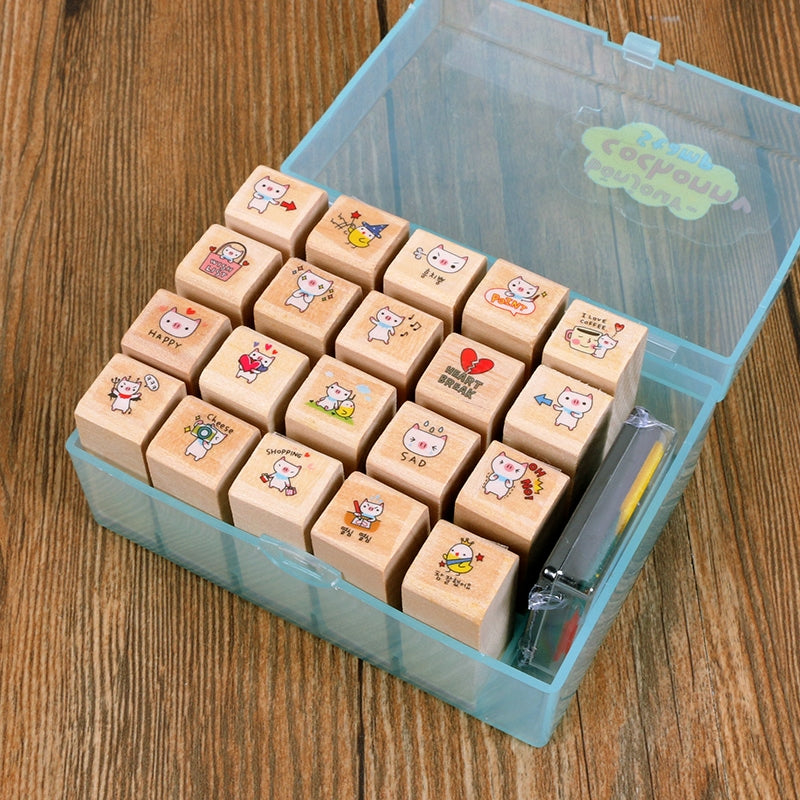 Kawaii Litlle Cat Pig Wood Stamp with Ink Pad Set b5