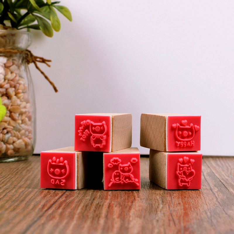 Kawaii Litlle Cat Pig Wood Stamp with Ink Pad Set c