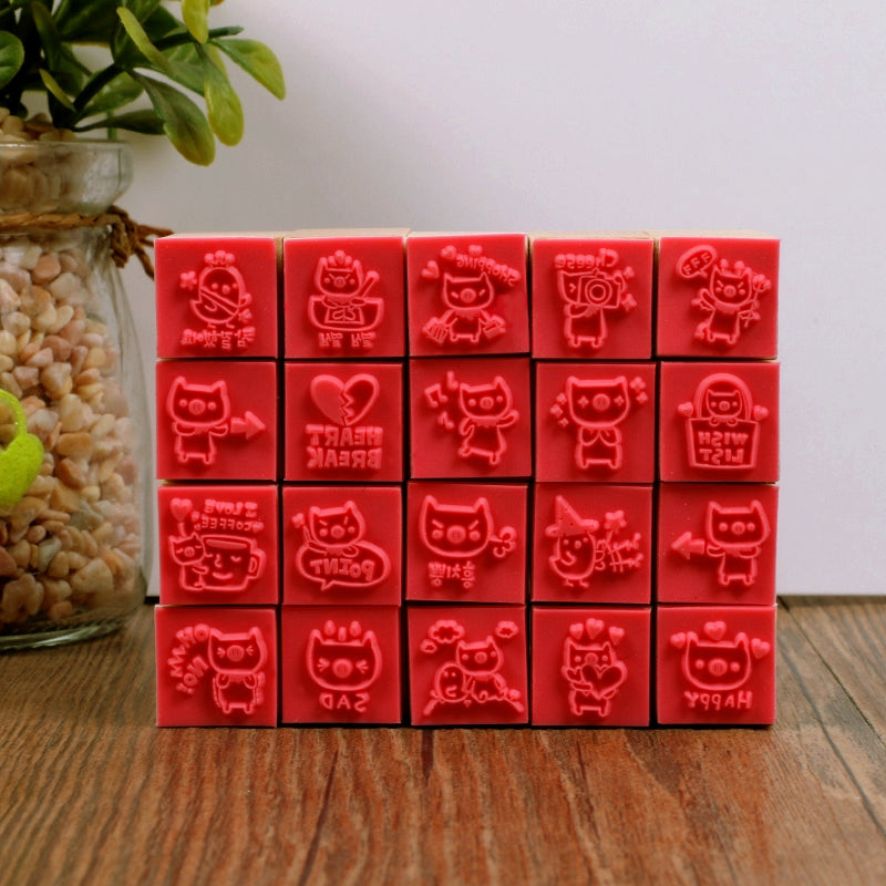 Kawaii Litlle Cat Pig Wood Stamp with Ink Pad Set c2