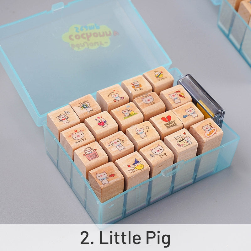 Kawaii Litlle Cat Pig Wood Stamp with Ink Pad Set sku-2