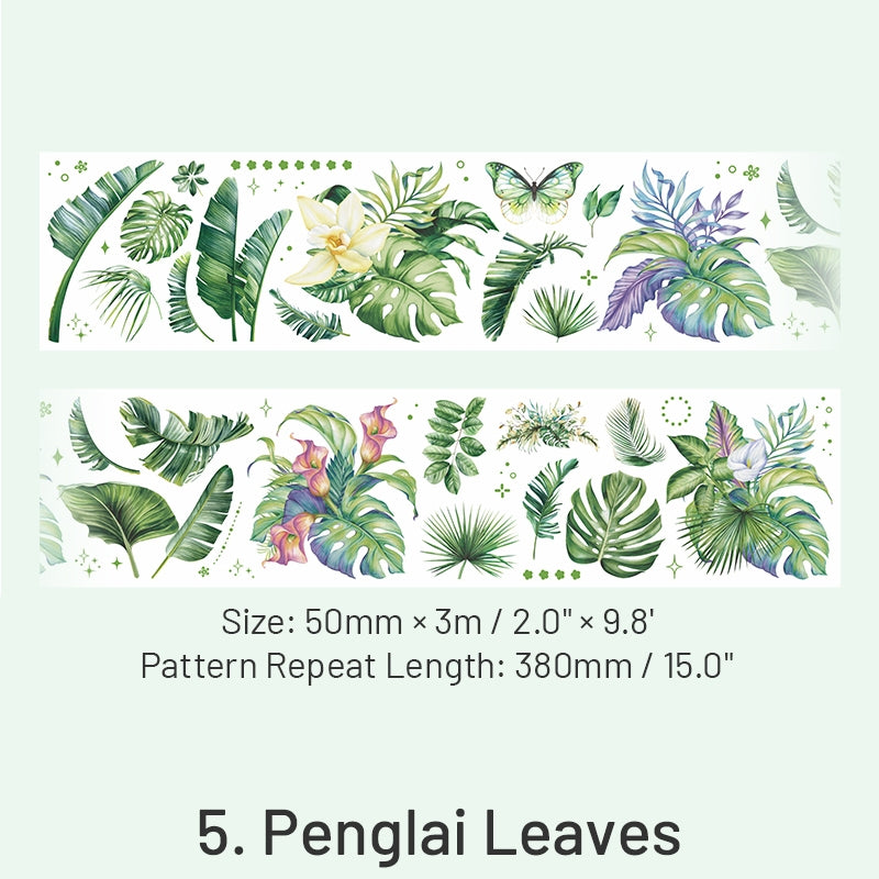 Botanical Leaves Washi Tape, White Washi, Green Washi, Plant Washi