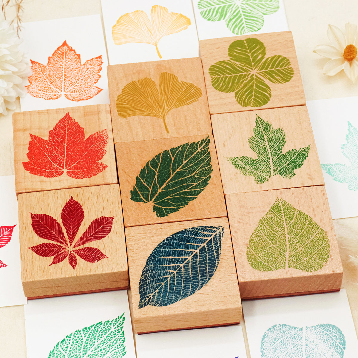 Ready Made Rubber Stamp - Leaf Wooden Rubber Stamp ( 8 Designs) - Plus Bonus 10 Ivory Boards