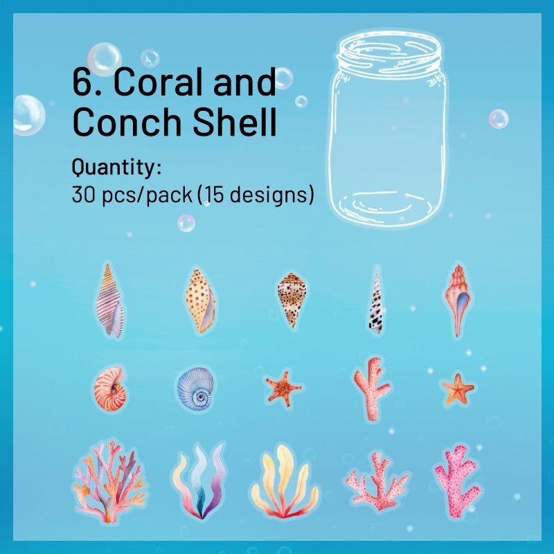 Ocean and Marine Animals PET Stickers - Whale, Fish, Shell, Pearl, Coral, Conch Shell, Jellyfish sku-6