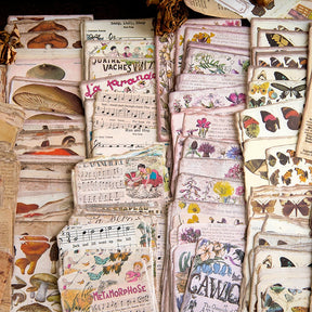 Old Memoir Scrapbook Paper - Manuscript, Butterfly, Mushroom b7