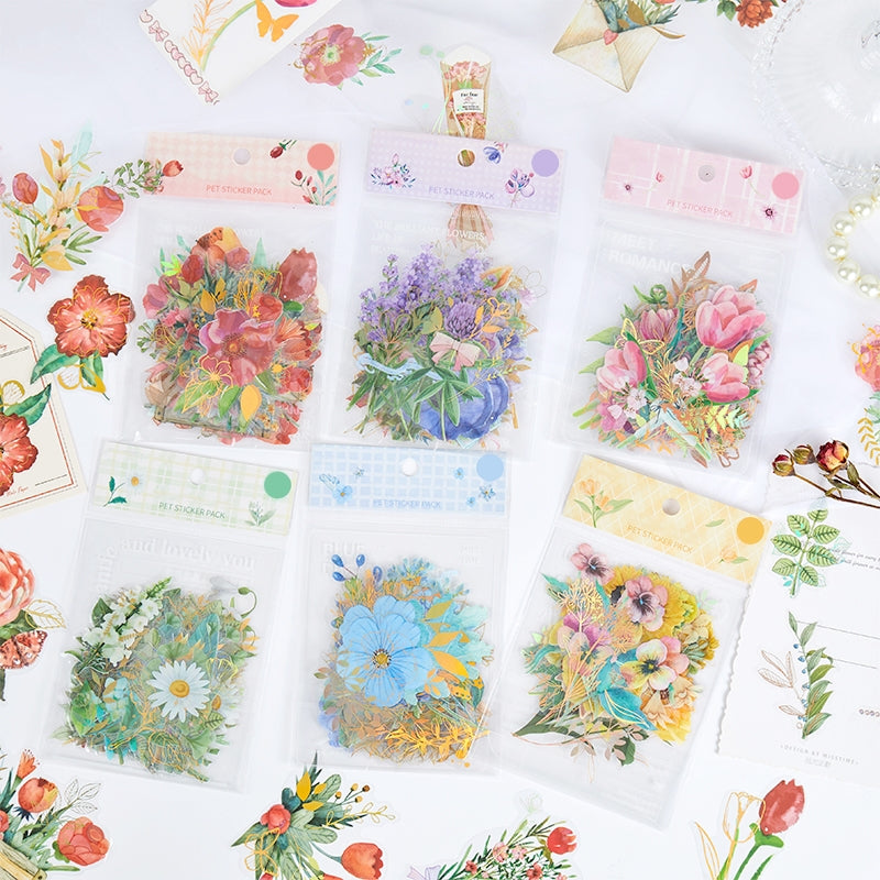 Plant and Flower Holographic Hot Stamping PET Stickers - Rose, Sunflower, Tulip, Iris a