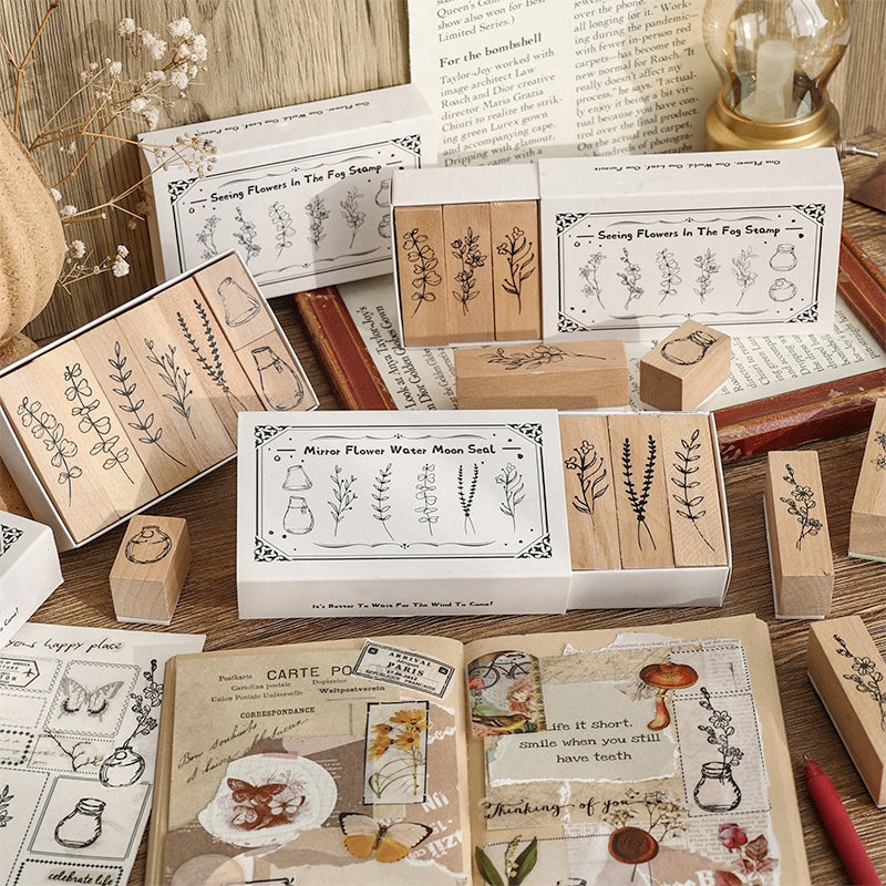 Plants and Bottles Wood Rubber Stamp Set (7 Pieces) b1