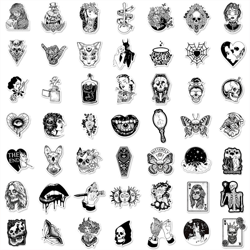 50 Cool Black and White Goth Laptop Stickers Dark Skull Tattoo Decals
