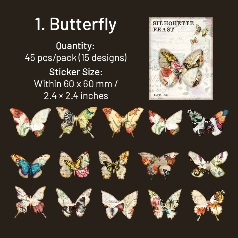 Retro Silhouette Stickers - Cat, Butterfly, Bird, Leaf, Flower sku-1