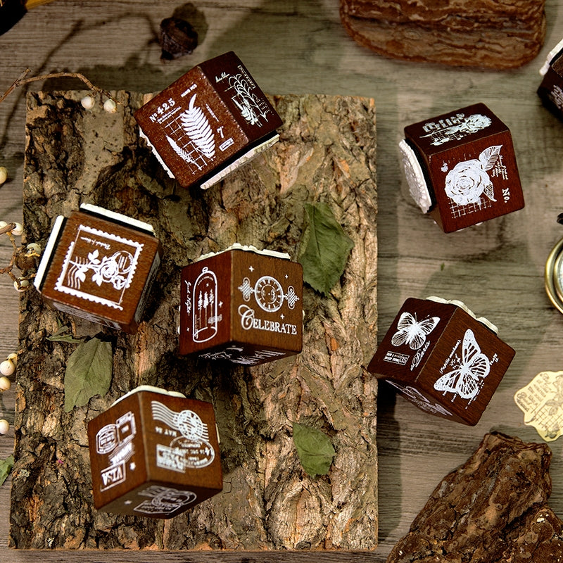 Rose and Camellia Series Vintage Three-Sided Dice Wooden Rubber Stamp b