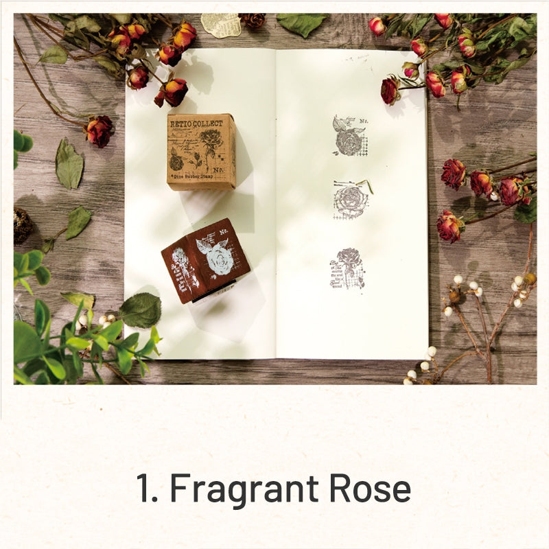 Rose and Camellia Series Vintage Three-Sided Dice Wooden Rubber Stamp sku-1