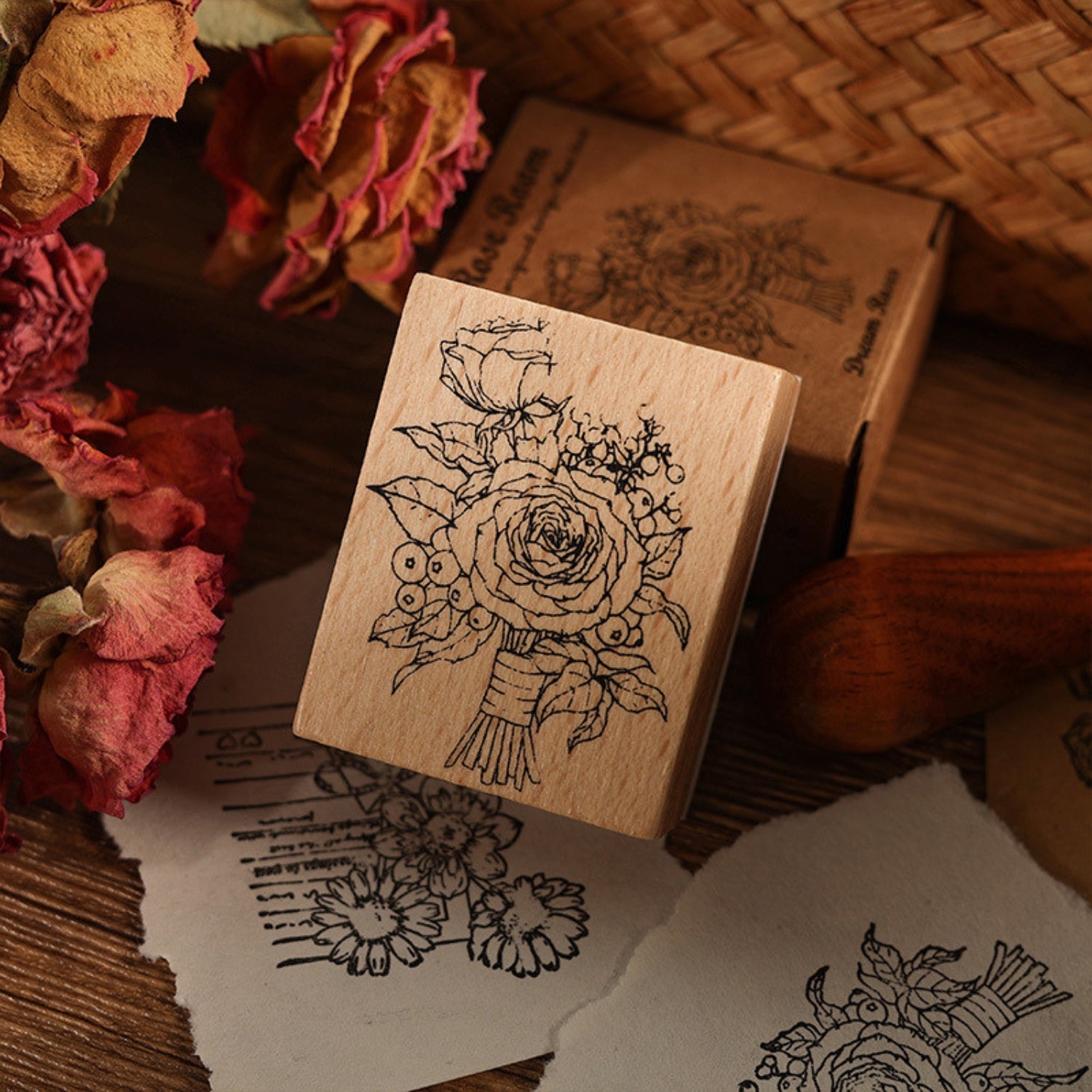 Rose Book Series Vintage Wood Plant Flower Stamp Set3