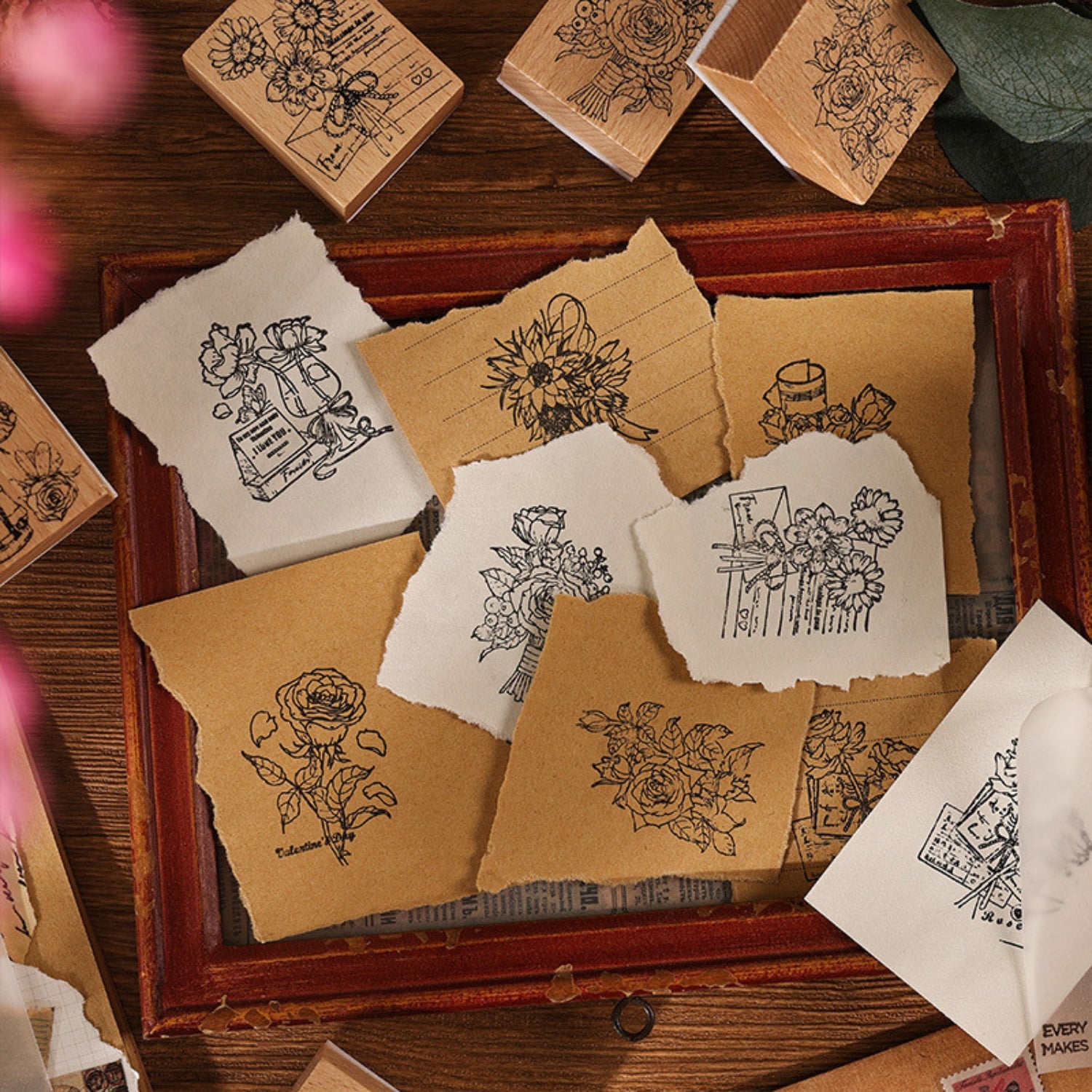 Rose Book Series Vintage Wood Plant Flower Stamp Set4