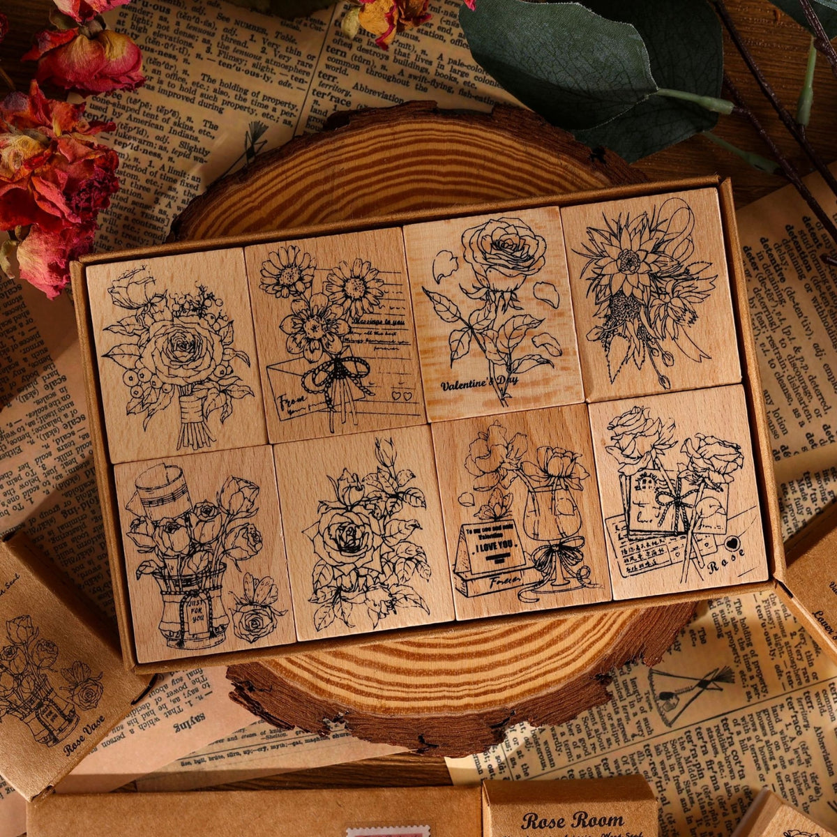 Rose Book Series Vintage Wood Plant Flower Stamp Set6