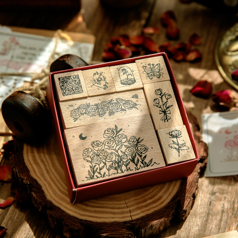 Rose Epic Series Vintage Artistic Floral Wooden Rubber Stamp Set - 8 Unique  Rose-Themed Wood Stamps