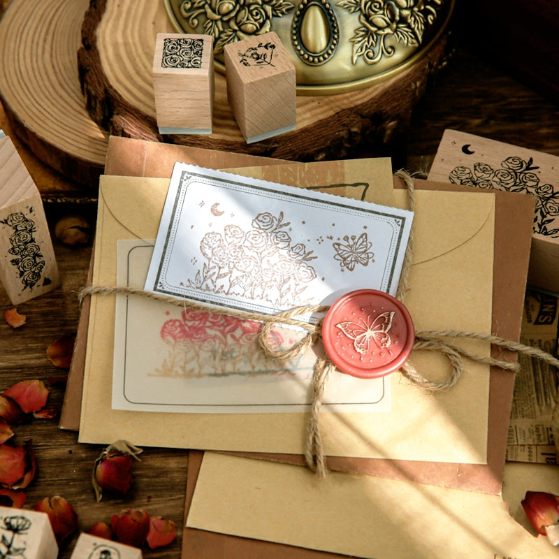 Rose Epic Series Vintage Artistic Floral Wooden Rubber Stamp Set b5