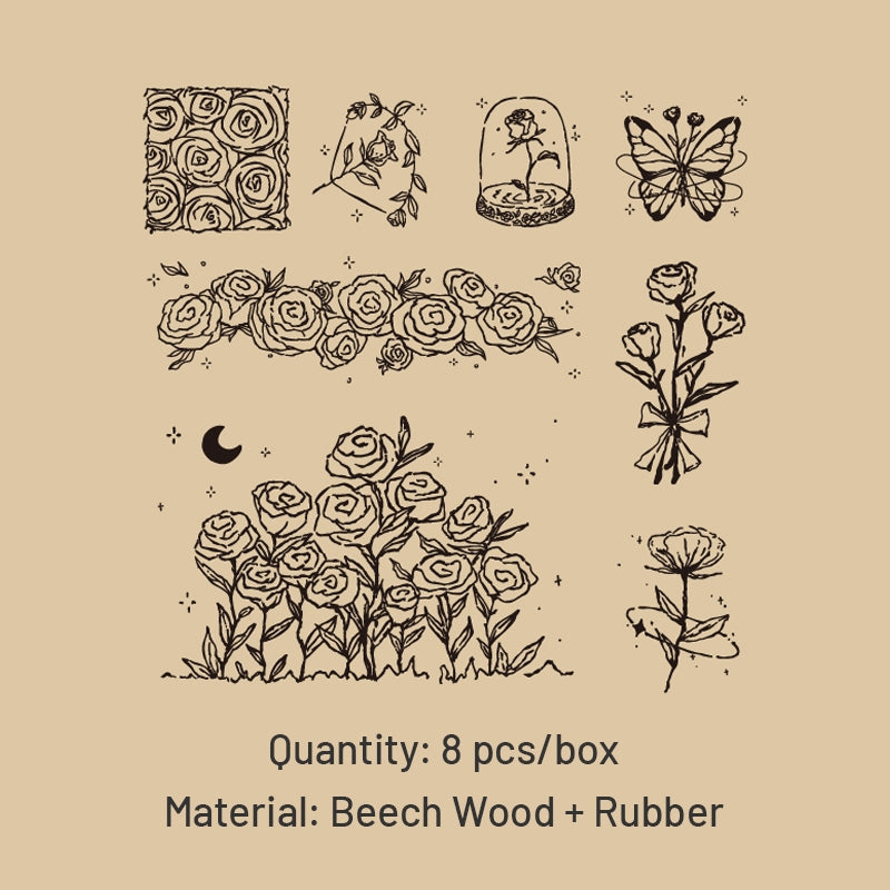 Rose Epic Series Vintage Artistic Floral Wooden Rubber Stamp Set sku-