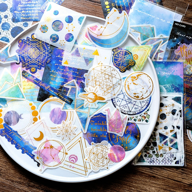 Space-themed Gold Foil Washi Stickers - Geometric, Origami Crane, Text, Magic b2
