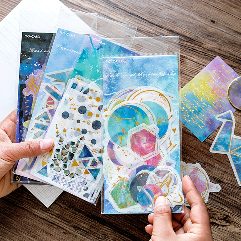 Space-themed Gold Foil Washi Stickers - Geometric, Origami Crane, Text, Magic b3