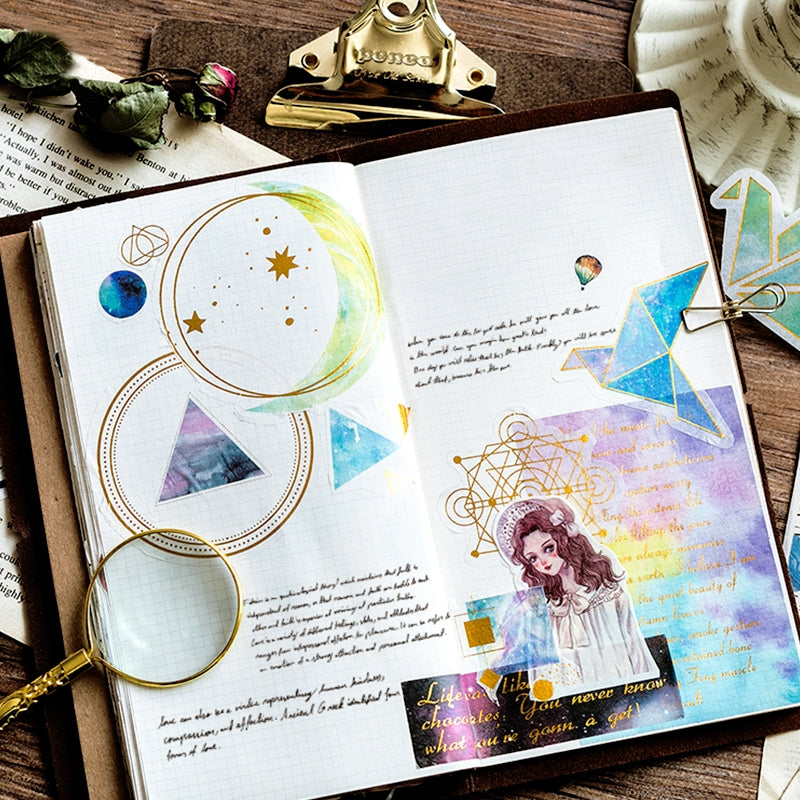 Space-themed Gold Foil Washi Stickers - Geometric, Origami Crane, Text, Magic b4