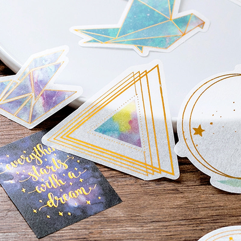 Space-themed Gold Foil Washi Stickers - Geometric, Origami Crane, Text, Magic c