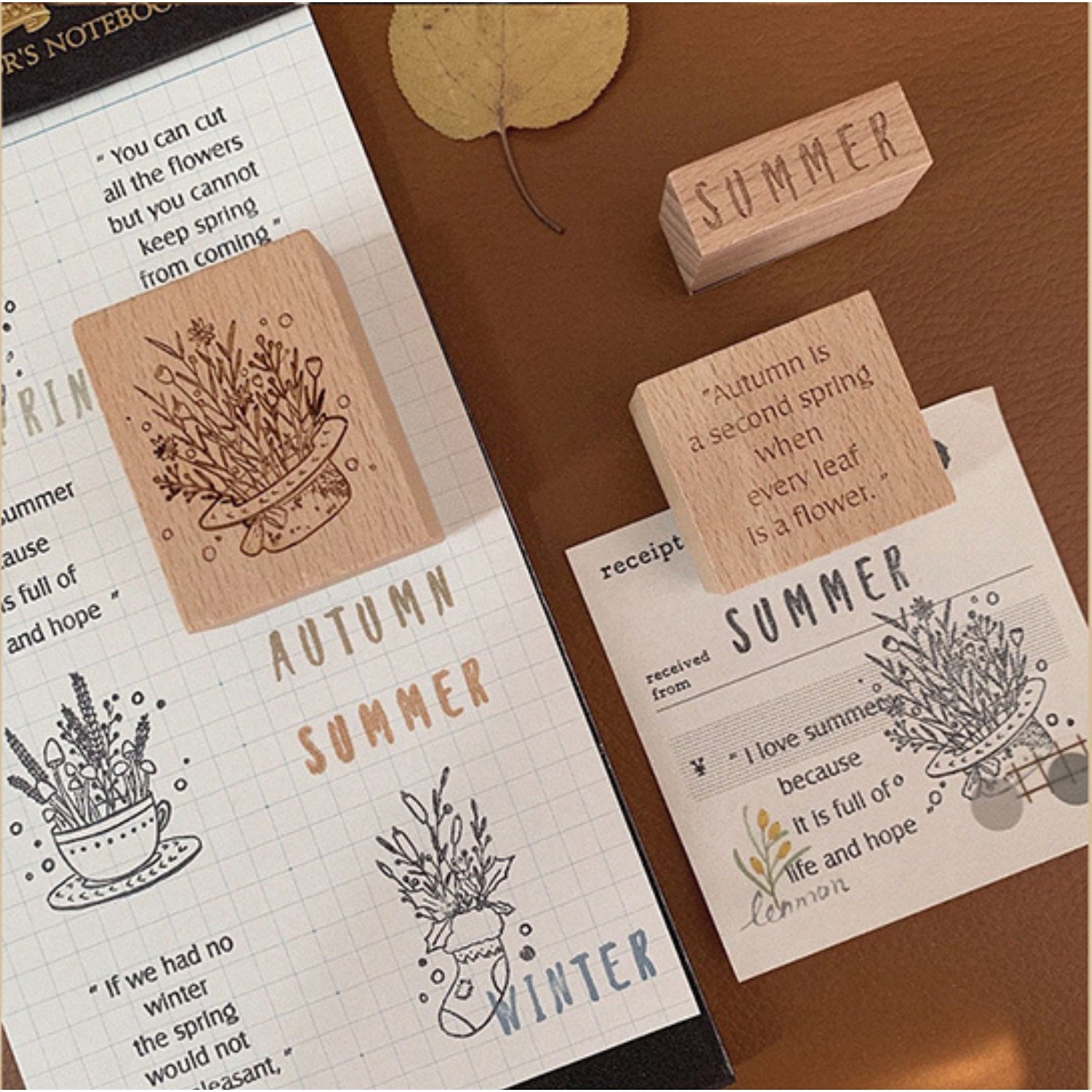 Spring, Summer, Autumn and Winter Retro Imprint Plant DIY Wooden Stamp Set 10