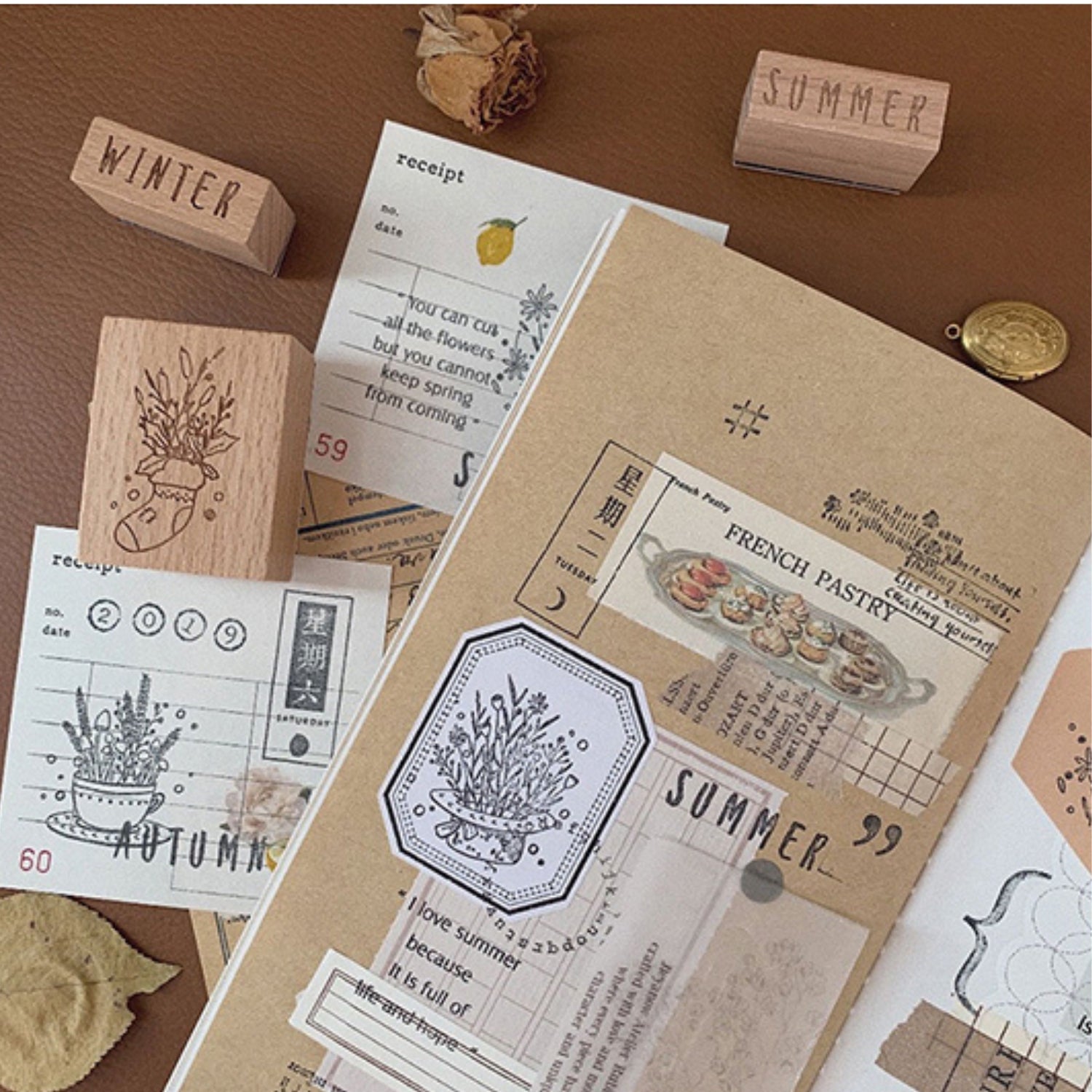 Spring, Summer, Autumn and Winter Retro Imprint Plant DIY Wooden Stamp Set 11