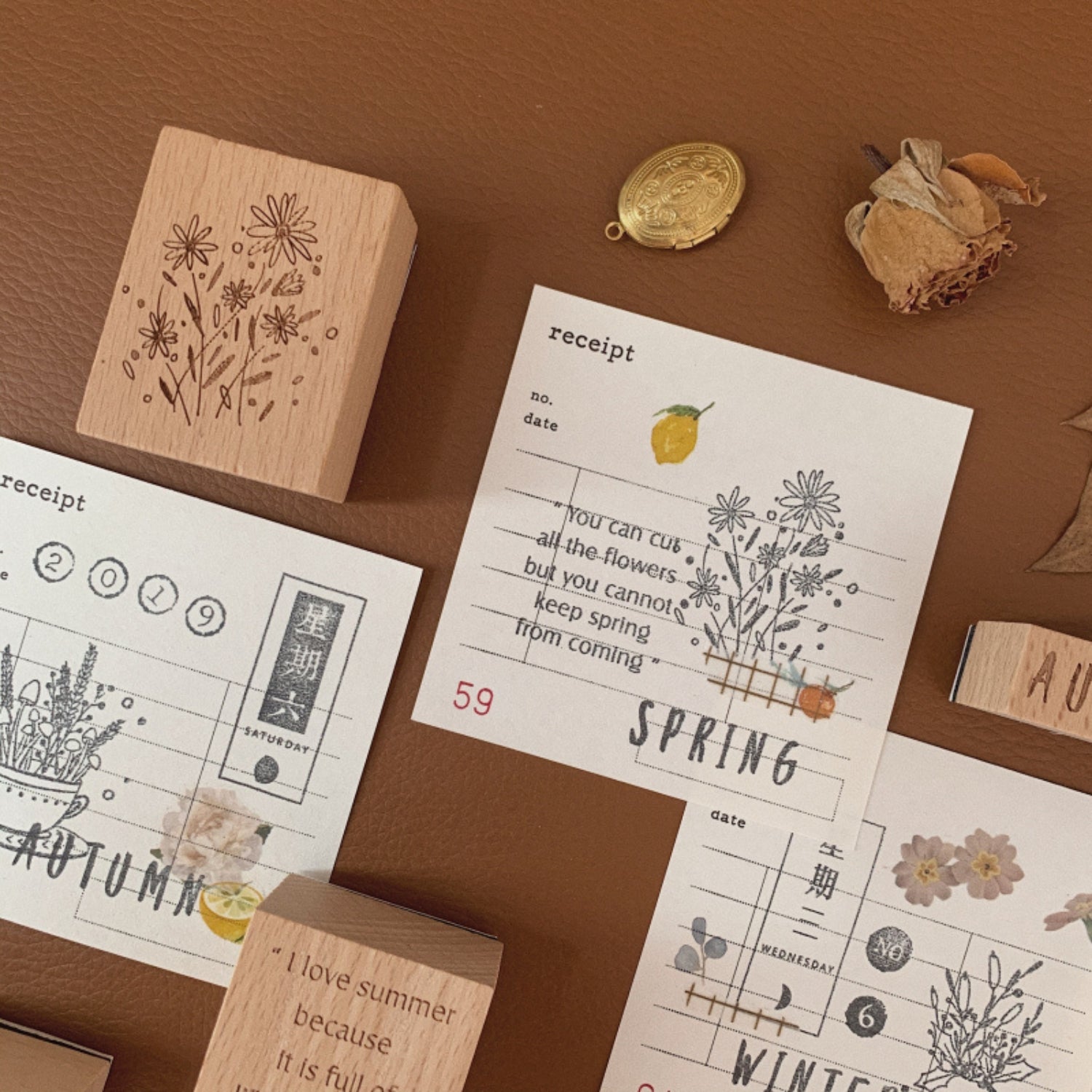 Spring, Summer, Autumn and Winter Retro Imprint Plant DIY Wooden Stamp Set 8
