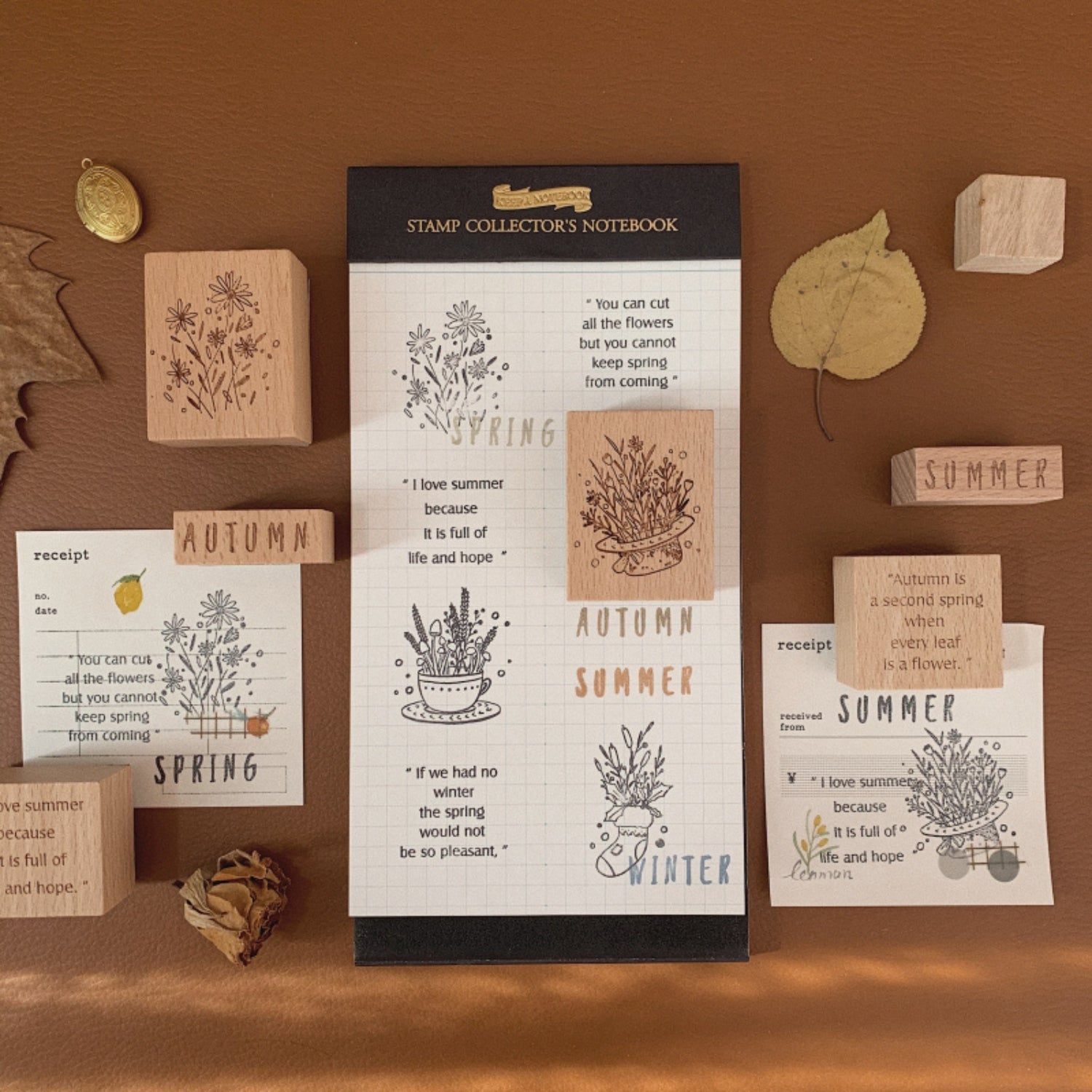 Spring, Summer, Autumn and Winter Retro Imprint Plant DIY Wooden Stamp Set 9