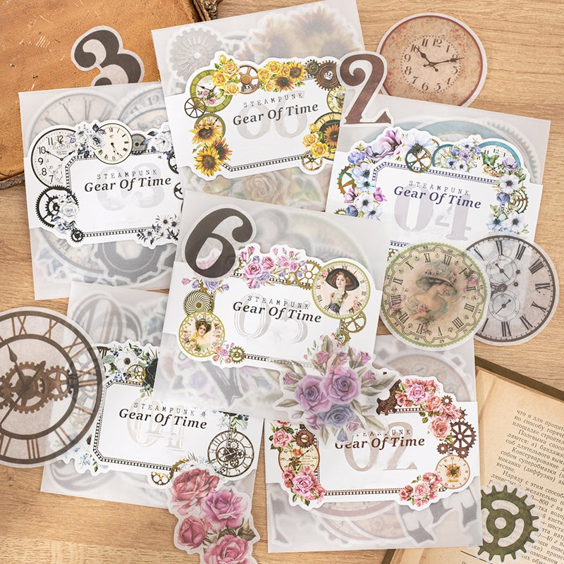 Steampunk Style Washi Stickers - Numbers, Clocks, Gears, Flowers a