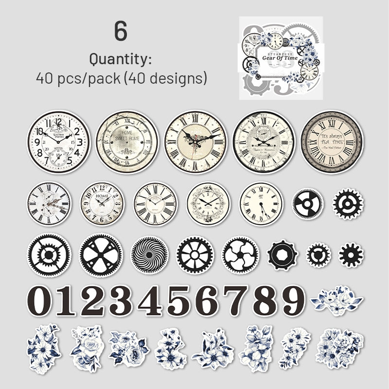Steampunk Style Washi Stickers - Numbers, Clocks, Gears, Flowers sku-6