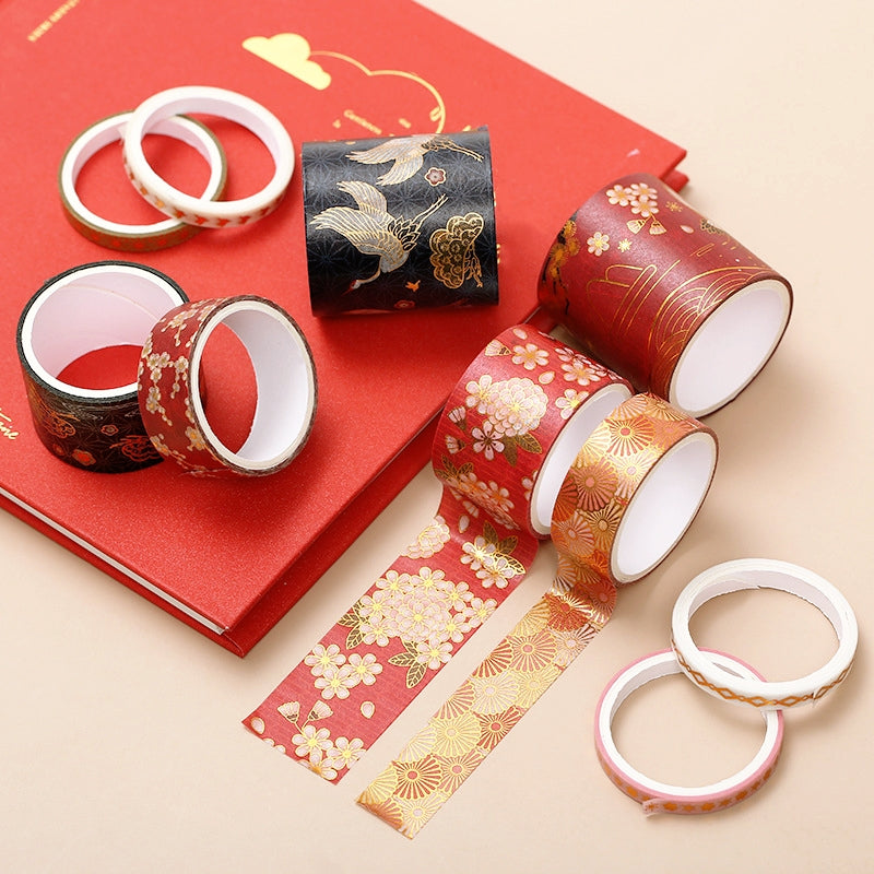 Tape - Traditional Chinese Style Gold Crane Red Bloom Washi Tape Set
