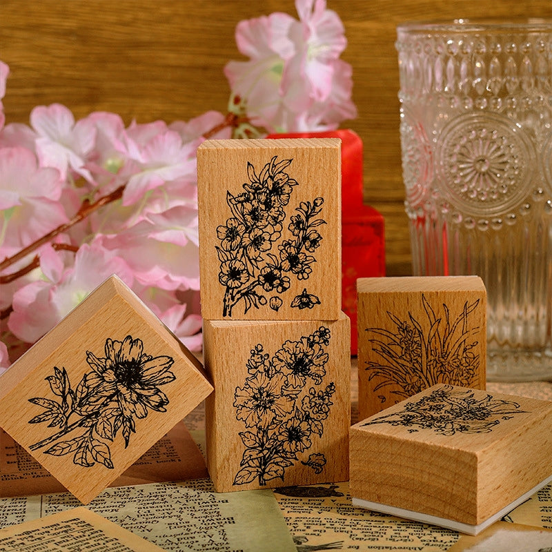 Twelve Flower Gods Series Vintage Flower Wooden Rubber Stamp b2