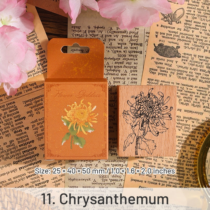 Twelve Flower Gods Series Vintage Flower Wooden Rubber Stamp sku-11