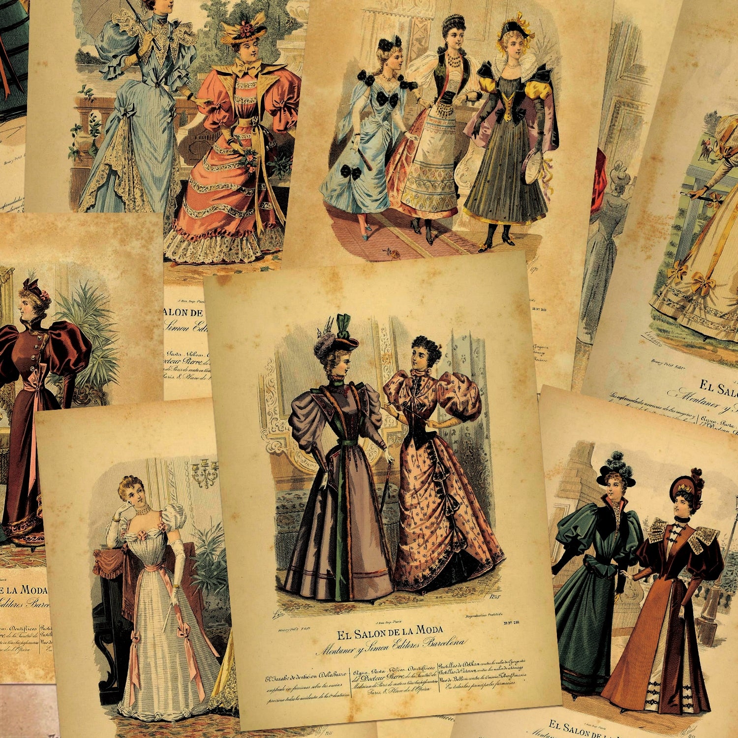 Victorian Era Costume Material Papers - Historical Fashion Design Collection - Digital Prints of 19th Century Textile Patterns