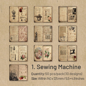 Vintage Background Scrapbook Paper - Sewing Machine, Plants, Palace, Flower sku-1