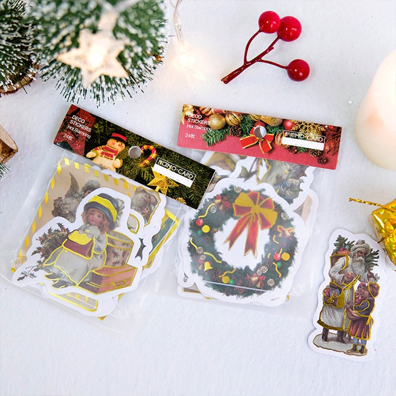 Vintage Christmas Hot Stamping Gold Stickers - Characters, Wreaths, Angels a