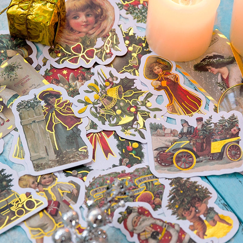 Vintage Christmas Hot Stamping Gold Stickers - Characters, Wreaths, Angels c