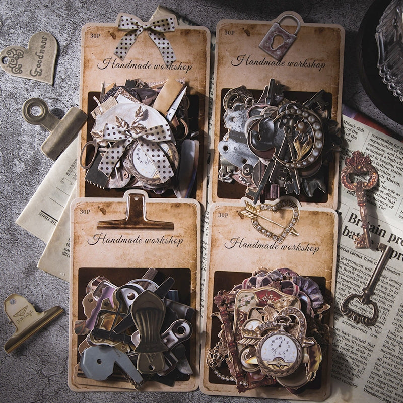 Vintage Die-cut Cardstock Scrapbook Paper - Clips, Jewelry, Lock, Key, Sewing items a