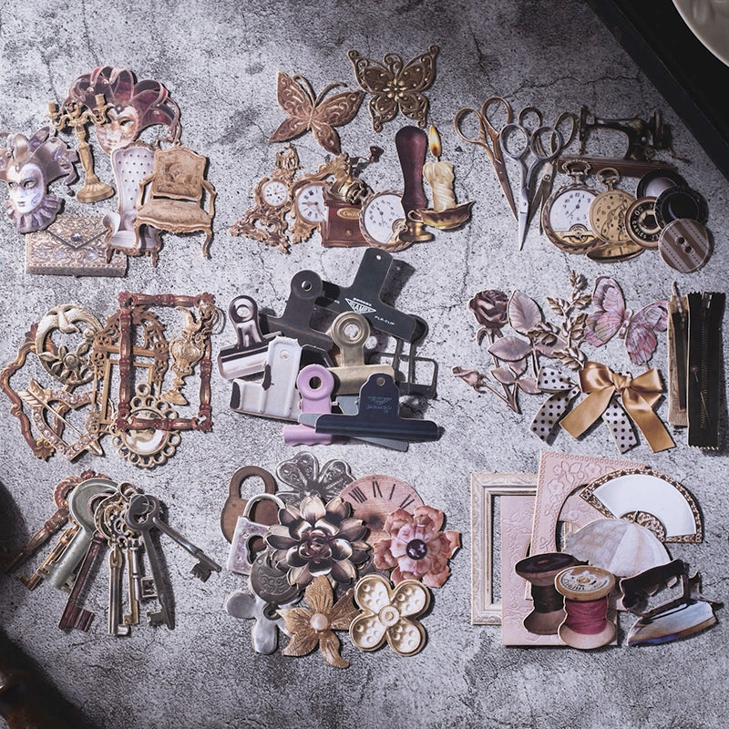 Vintage Die-cut Cardstock Scrapbook Paper - Clips, Jewelry, Lock, Key, Sewing items b2