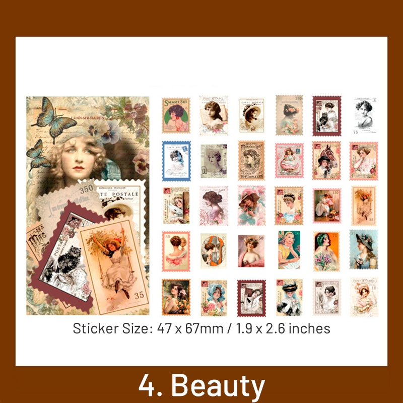 Beautiful Girl-Vintage Stamp Washi Sticker - Plant, Girl, Poster, Forest