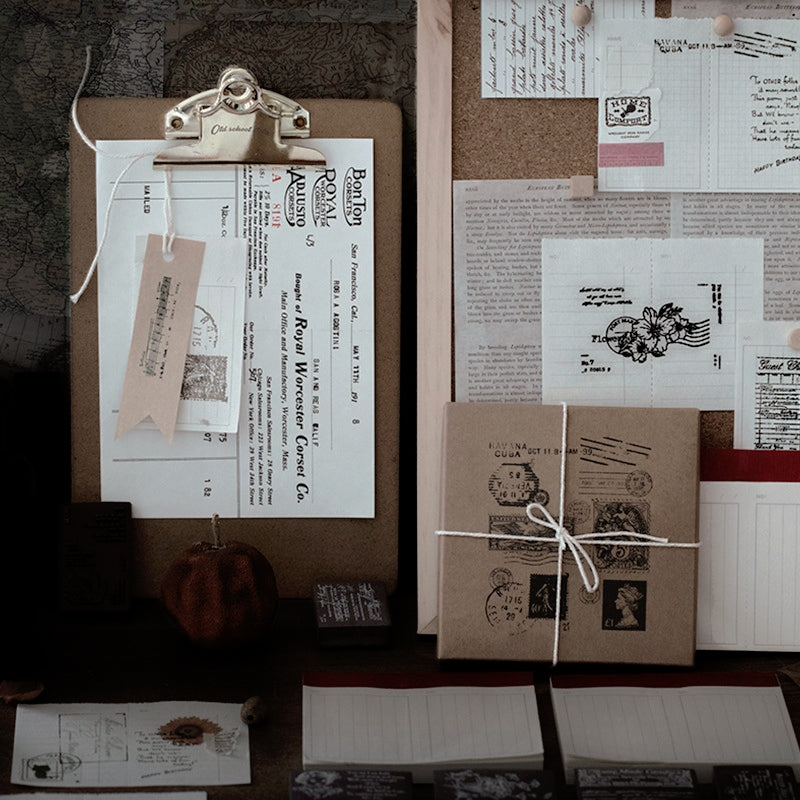 Vintage Travel Wooden Rubber Stamp Set - Flower, Stamp, Manuscript, Bill, Ticket, Specimen b2-