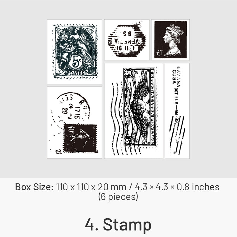Vintage Travel Wooden Rubber Stamp Set - Flower, Stamp, Manuscript, Bill, Ticket, Specimen sku-4