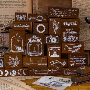 Vintage Wooden Stamp Set- Travel, Antiques, Moon, Bottle, Lace, Leaves, Words a1-