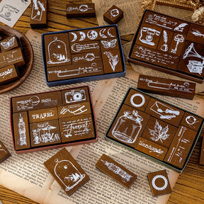 Vintage Wooden Stamp Set- Travel, Antiques, Moon, Bottle, Lace, Leaves, Words a-