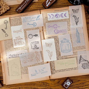 Vintage Wooden Stamp Set- Travel, Antiques, Moon, Bottle, Lace, Leaves, Words b2