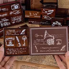Vintage Wooden Stamp Set- Travel, Antiques, Moon, Bottle, Lace, Leaves, Words b6